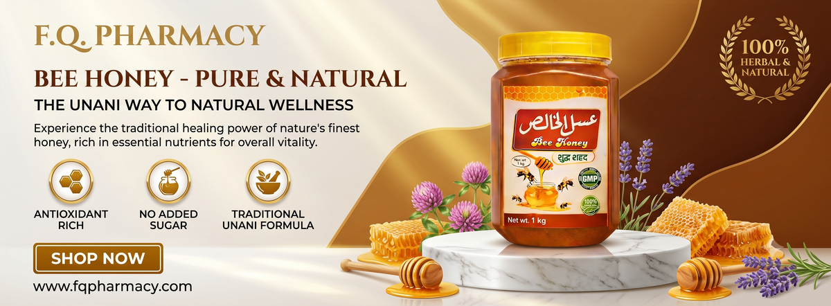 Pure natural bee honey in 1kg jar with honeycomb, lavender, and clover, featuring traditional Unani formula and antioxidant benefits.