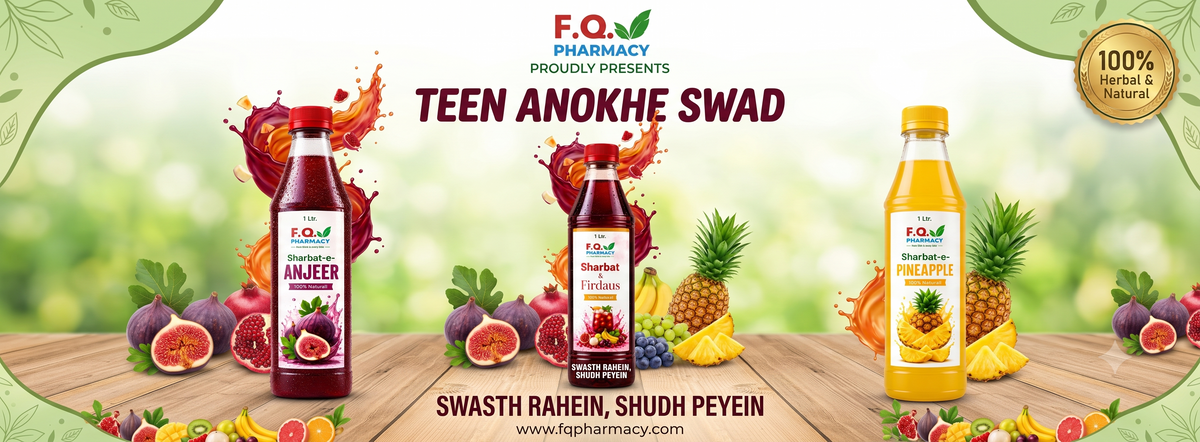 F.Q. Pharmacy Teen Anokhe Swad herbal fruit drinks: Anjeer, Firdaus & Pineapple, 100% natural, fresh fruit blends