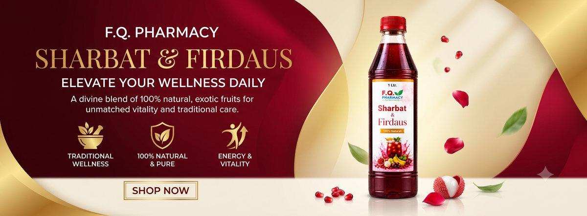 F.Q. Pharmacy Sharbat & Firdaus 1L bottle — 100% natural exotic fruit blend for traditional wellness, energy & vitality