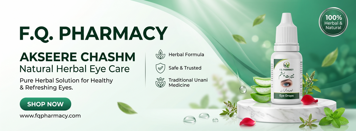Akseere Chashm herbal eye drops, natural Unani medicine for healthy eyes, with aloe vera and mint on marble stand