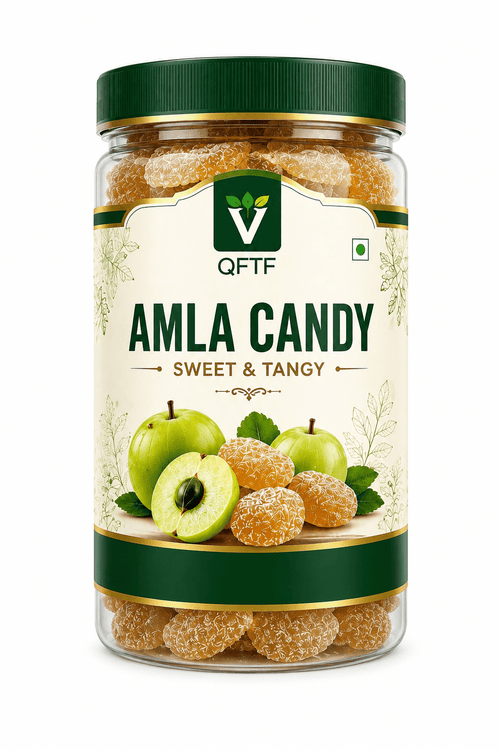 QFTF Amla Candy – Sweet & Tangy herbal candy in clear jar with green lid, featuring fresh amla fruit imagery
