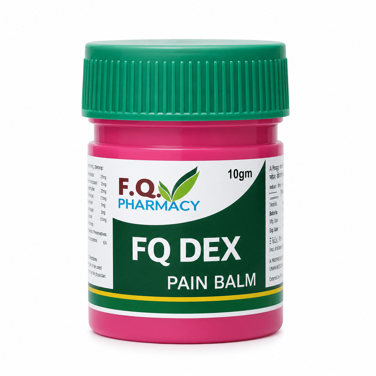 FQ DEX Pain Balm 10gm – herbal Unani medicine for pain relief in pink jar with green cap