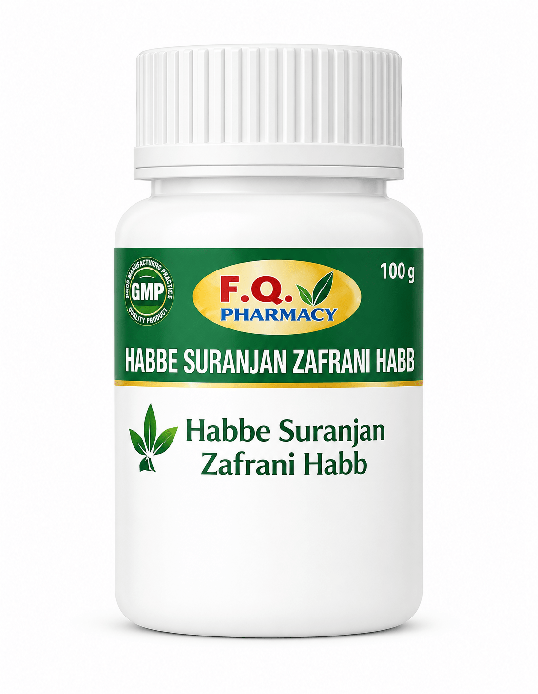 Habbe Suranjan Zafrani Habb 100g bottle by F.Q. Pharmacy, herbal Unani medicine