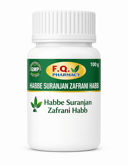 Habbe Suranjan Zafrani Habb 100g bottle by F.Q. Pharmacy, herbal Unani medicine