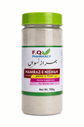 Hamraz-e-Niswan herbal supplement for women care, 100g powder in clear jar with green lid, Unani medicine