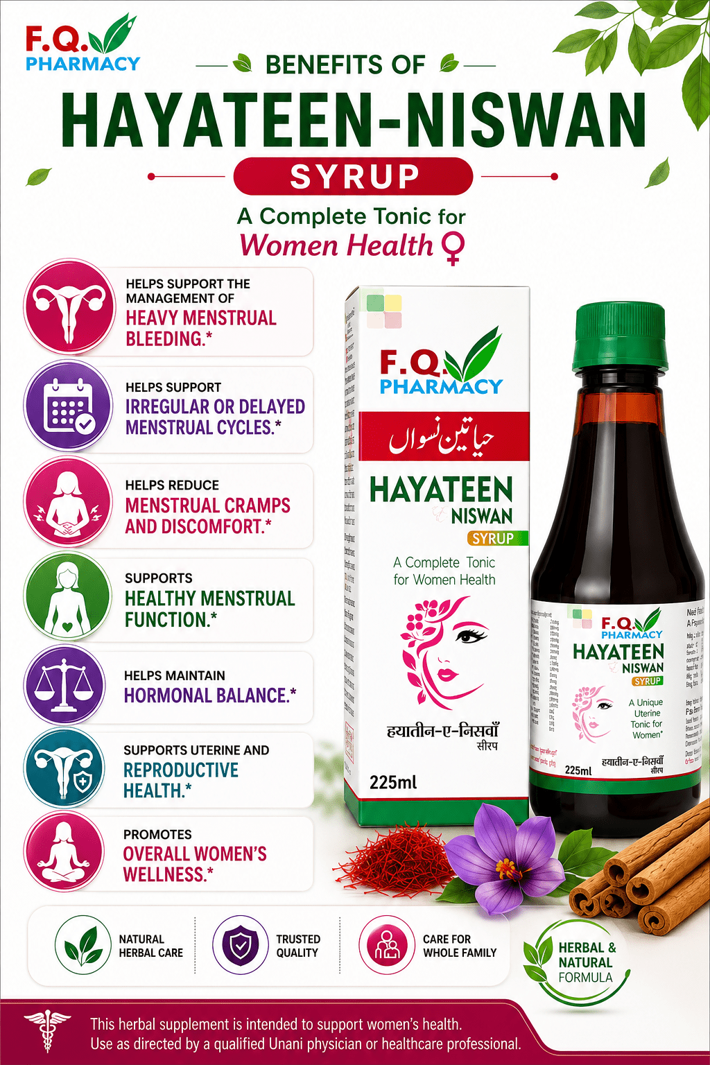 Hayateen-Niswan Syrup for women's health, herbal Unani tonic with saffron & cinnamon, supports menstrual wellness