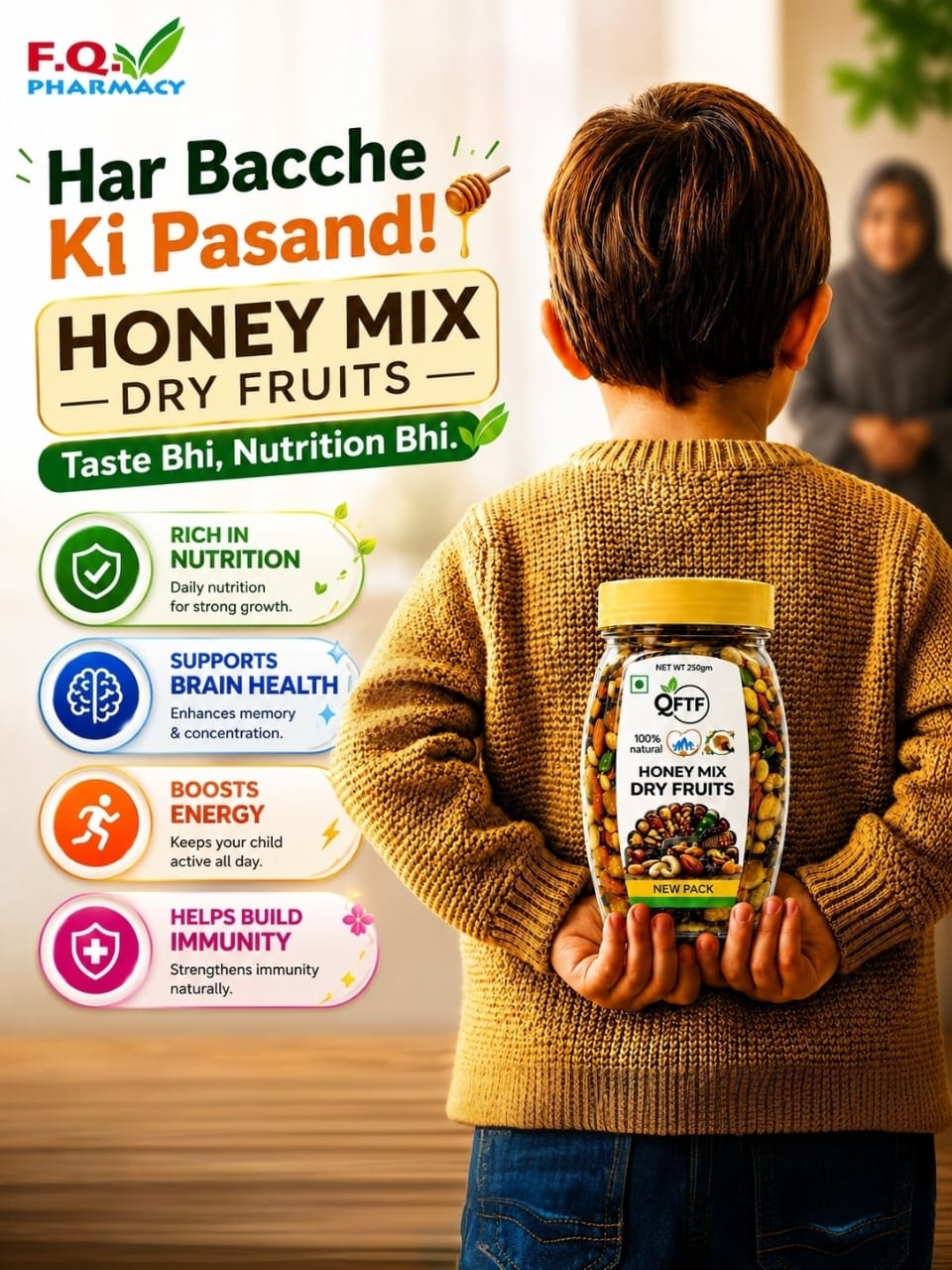 Child holding jar of Honey Mix Dry Fruits for nutrition, brain health, and immunity support
