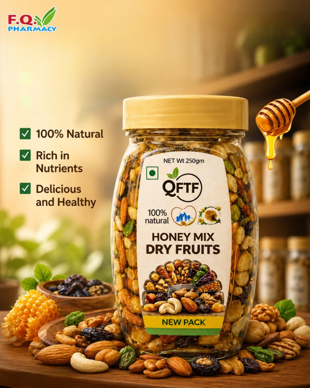 Honey Mix Dry Fruits jar with nuts, dates, and honey drizzle — 100% natural, nutrient-rich, healthy snack