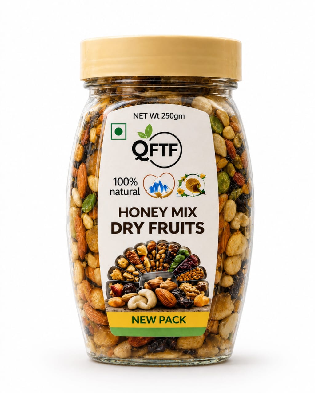 QFTF Honey Mix Dry Fruits 250g jar, 100% natural nuts & dried fruits in new pack
