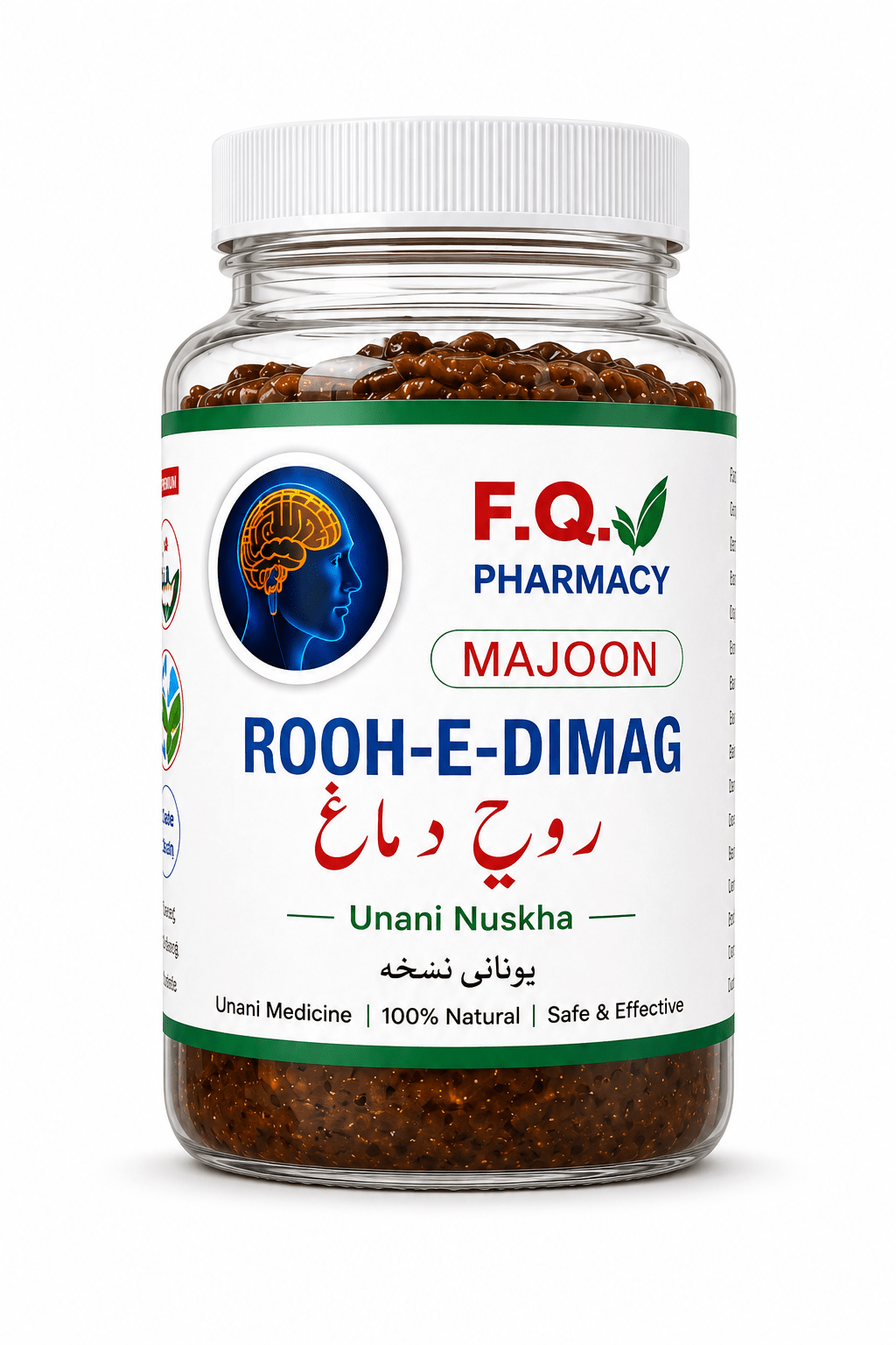 Rooh-e-Dimag Unani Nuskha brain health supplement, 100% natural, safe & effective herbal medicine in clear bottle