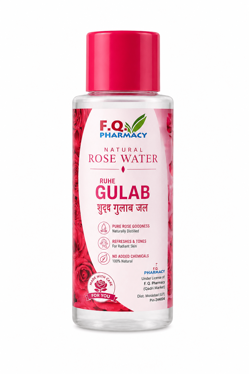 F.Q. Pharmacy Natural Rose Water Gulab for radiant skin, 100% natural, no added chemicals