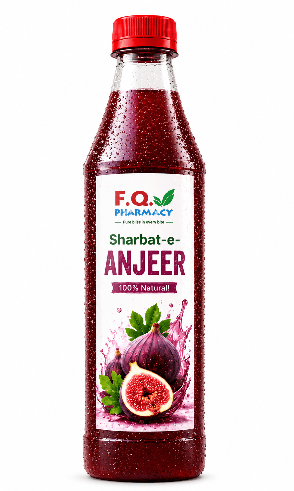 F.Q. Pharmacy Sharbat-e-Anjeer, 100% natural fig syrup with vibrant red liquid and fresh fig imagery