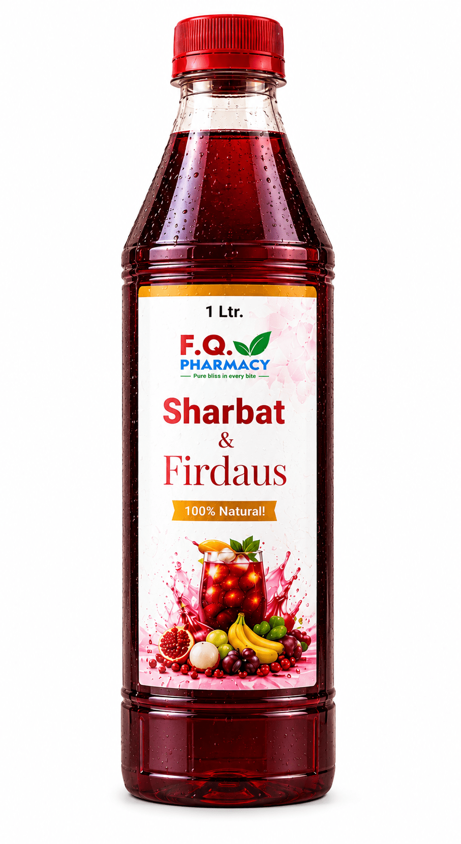 F.Q. Pharmacy Sharbat & Firdaus 1L natural fruit drink with pomegranate, grapes, and banana imagery