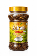 F.Q. Zafrani Bagaan Tea, elaichi flavored herbal tea in clear jar with gold lid